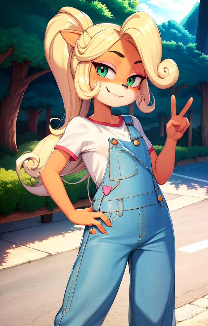 34123-1767583699-highres, detailed, soft lighting, outdoors, coco bandicoot, 1girl, hand on hip, overalls, white shirt, smirking expression.png